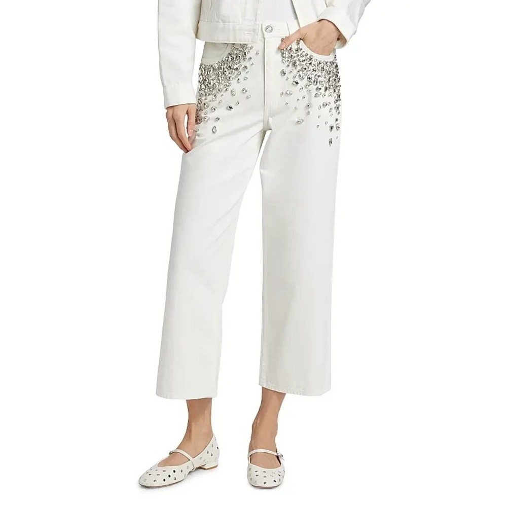 Rag & Bone The Andi Embellished High Rise Ankle Wide Leg Jeans 26 White Jewel